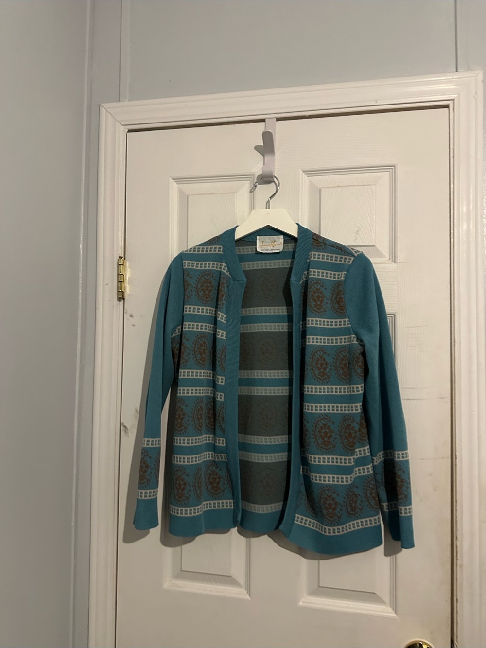 Vtg 70s 80s James Kenrob Dalton Teal Blue Patterned Knit Duster Cardigan Jacket